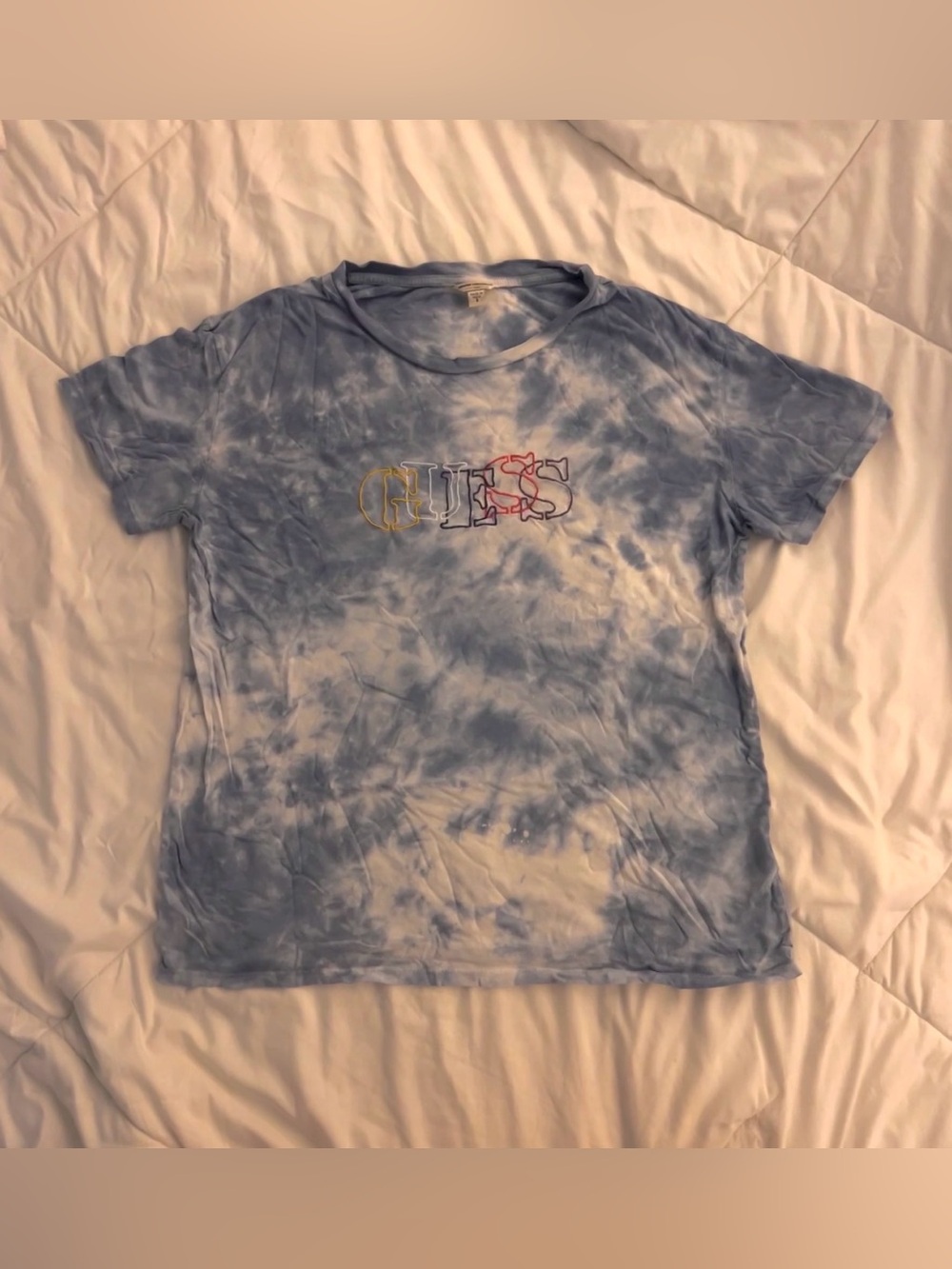 Guess Light Blue Tie-Dye Short Sleeve Tee with Multicolor Logo